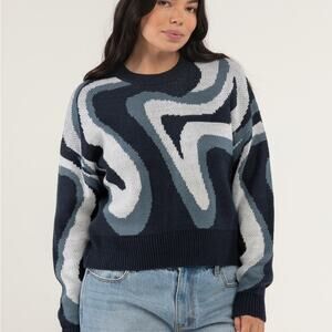 Full Tilt Gray and Blue Crew Neck Sweater with Modern Swirl Design XS